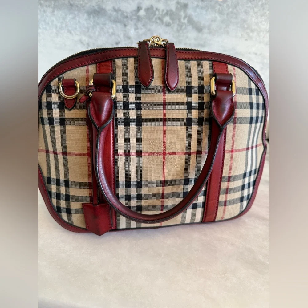 BURBERRY Vintage Haymarket Check Satchel with Red Leather Trim Handbag - Picture 4 of 17